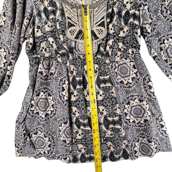 One World Boho Tunic Embroidered Peasant Gypsy Top Paisley Lg Smocked Waist - Picture 12 of 14